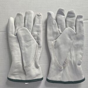 Industrial Grade White Leather Gloves with Green Trim Size Medium